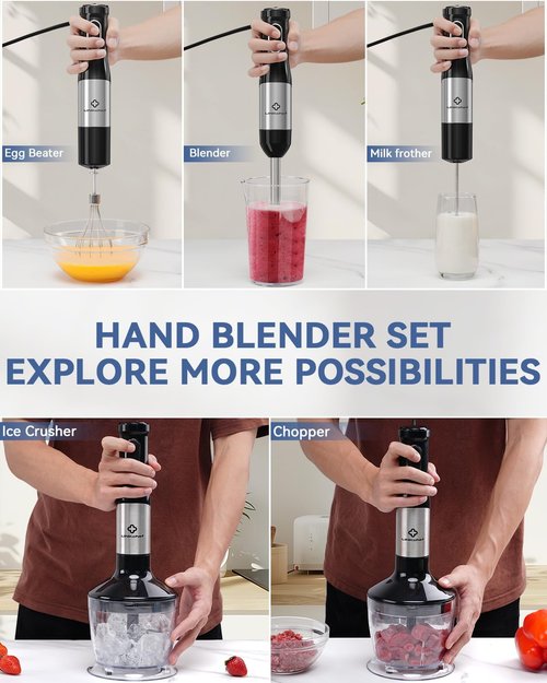 LINKChef 7-in-1 Immersion Blender - 800W Hand Blender with 20 Speeds, Turbo & Titanium Blades