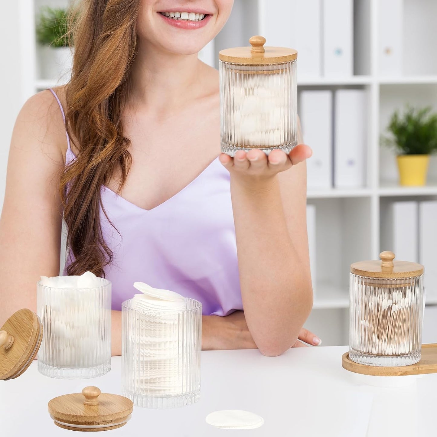 Skiennix 3-Pack Qtip Holder - Elegant Bathroom Organizer Set with Glass Jars & Tray