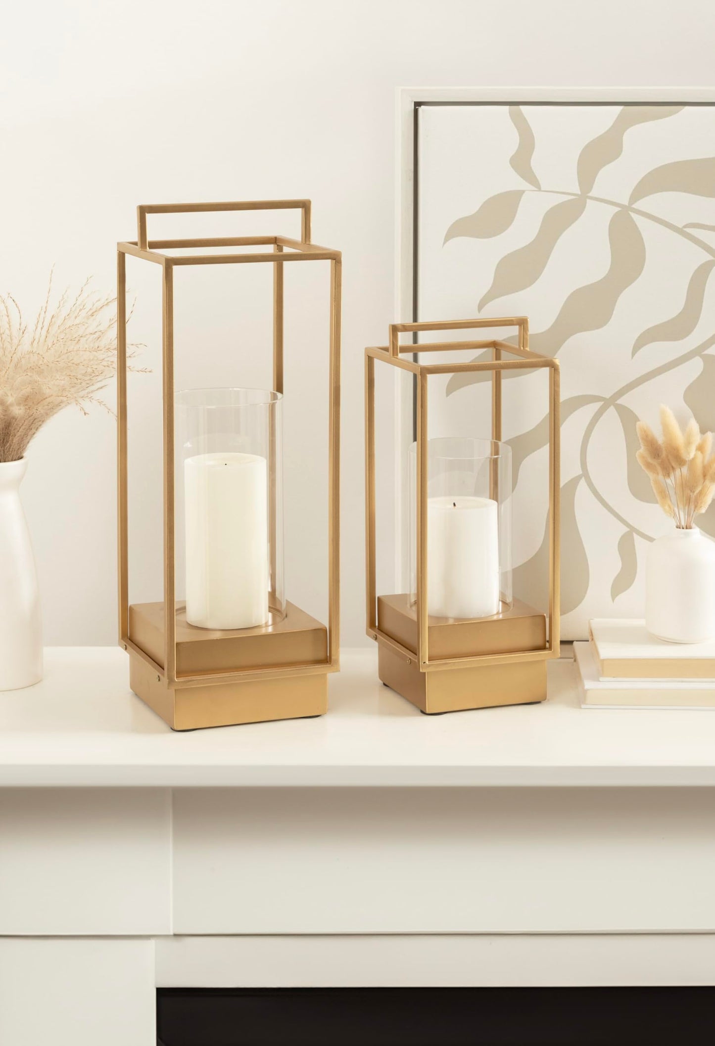 Kate and Laurel Brandt Modern Glam Two-Piece Candle Holder Set, 7 x 7 x 19, Gold, Transitional Wood and Metal Lantern Hurricane Candle Holders for Fireplace Mantel Display