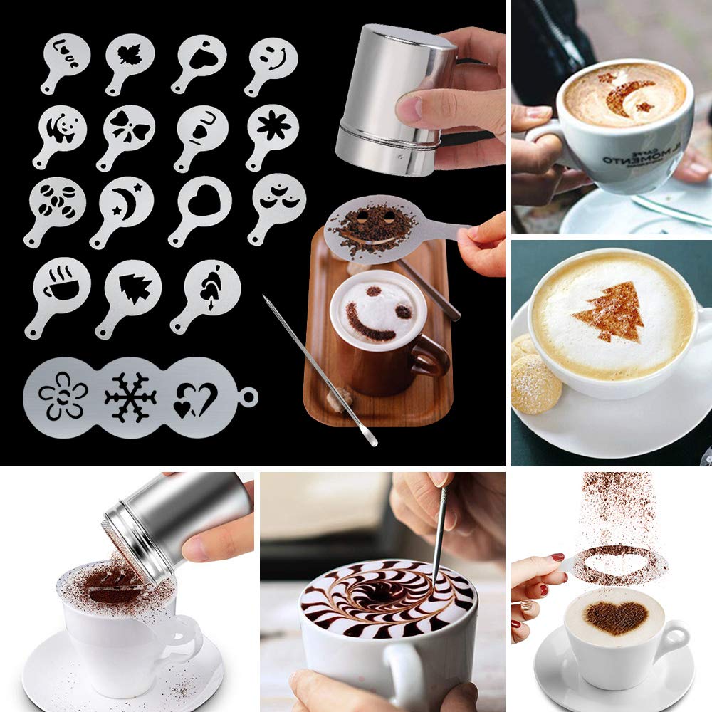 Milk Frother Handheld Coffee Art Set, Electric Coffee Frother with Milk Frother Pitcher, Powder Cocoa Shaker, Coffee Stencils, Coffee Spoons, Latte Art Pen