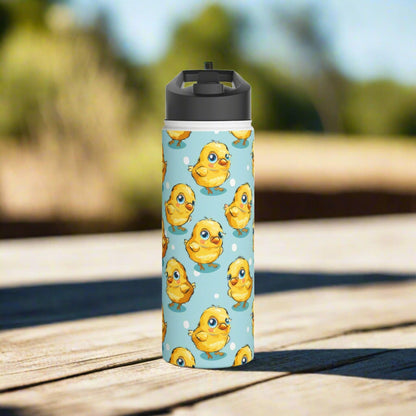 Insulated Water Bottle Thermos, 18oz, Cute Baby Chicks - Double Walled Stainless Steel, Keeps Drinks Hot or Cold