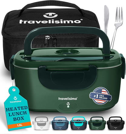 Travelisimo Electric Lunch Box - 100W Heated Portable Food Warmer for Adults | 1.5L Stainless Steel, 12/24/110V