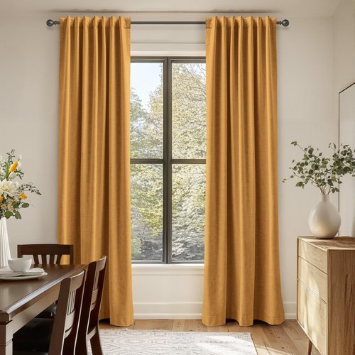100% Blackout Shield Linen Blackout Curtains for Bedroom 84 Inches Long,Back Tab/Rod Pocket Living Room Drapes,Thermal Insulated Textured Blackout Curtains 2 Panels Set,50" W x 84" L,Mustard Yellow