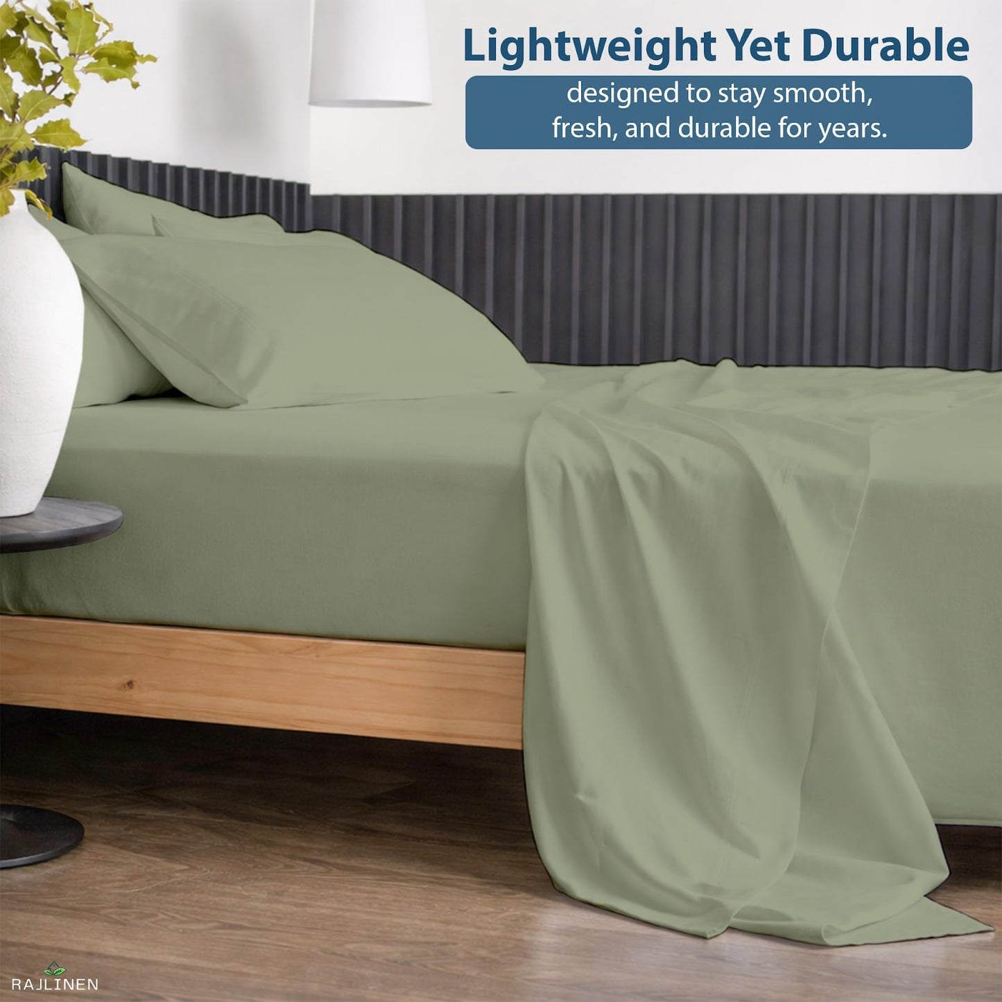 Rajlinen 100% Cotton Queen Sheets Set, Cooling & Breathable Bed Sheets, 16 Inch Deep Pocket Fitted Sheet with All-Around Elastic, Soft & Durable Bedding Set, Sage Solid