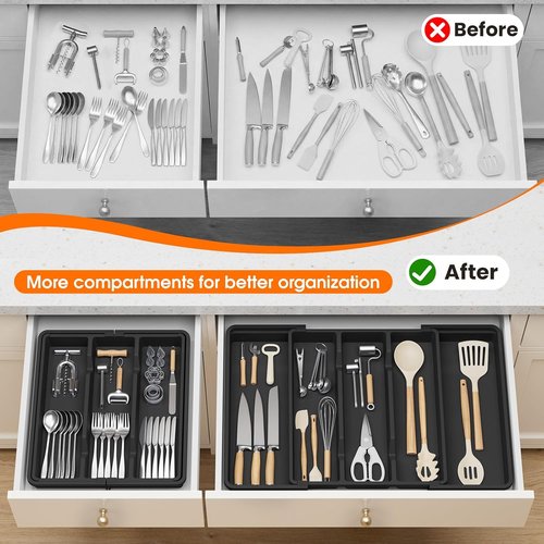 Large Silverware Organizer - Expandable Utensil Drawer Tray | BPA-Free Cutlery Storage in Black