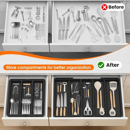 Large Silverware Organizer - Expandable Utensil Drawer Tray | BPA-Free Cutlery Storage in Black