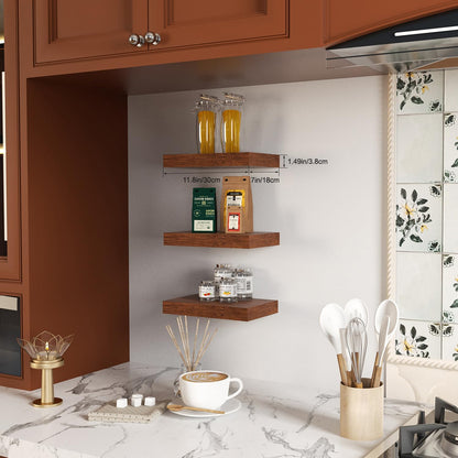 Modern Wooden Floating Shelves by [Brand Name] - Stylish Wall-Mounted Storage | Set of 3, 12x7x1.5 in (Walnut)