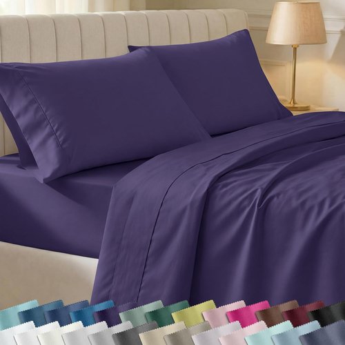 California Design Den King Size Cotton Sheet Set - 400 TC Silky Smooth Sateen Weave, Deep Pockets, Breathable - Purple