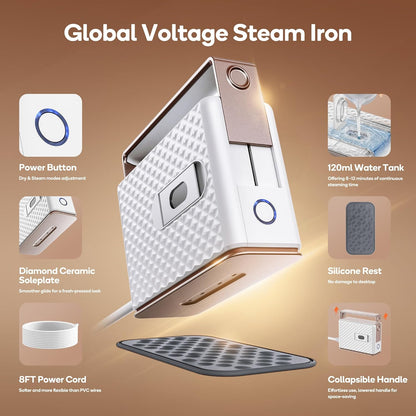 Newbealer Travel Steam Iron - Handheld Steamer with Non-Stick Ceramic Soleplate | Global Voltage 100-240V