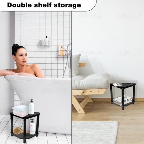 IBosins Corner Shower Stool - Acacia Wood Bath Seat with Storage Shelf | Compact Black Design for Shaving Legs