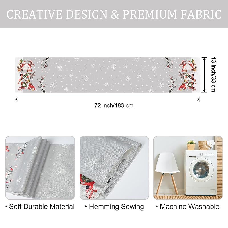 Grey Christmas Gnome Table Runner 13x72 in with Snowflakes, Birds & Branches – Bonhause