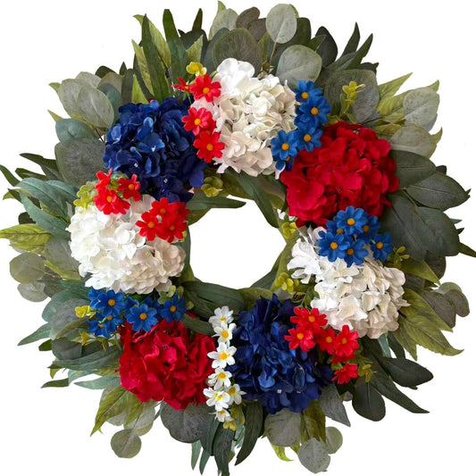 WANNA-CUL 24-Inch Patriotic Hydrangea Wreath - Red, White & Blue 4th of July Door Decor