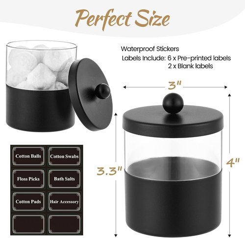 Gaussra Black Apothecary Jars - Stylish Stainless Steel Qtip Holder | 2-Pack Bathroom Decor