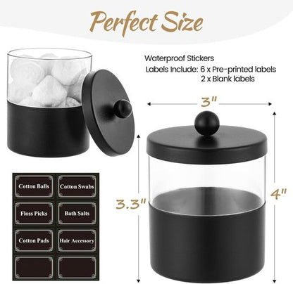Gaussra Black Apothecary Jars - Stylish Stainless Steel Qtip Holder | 2-Pack Bathroom Decor