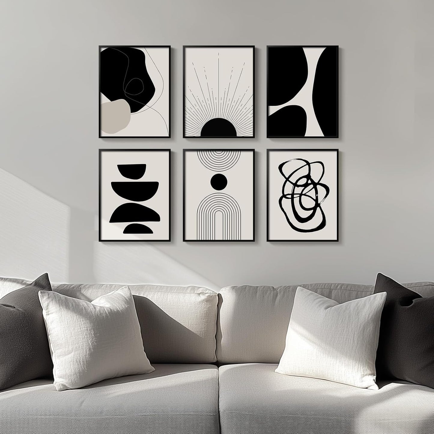 Skiennix Framed Boho Black and White Abstract Wall Art - Set of 6 Modern Canvas Prints | 11x14 Inch Decor