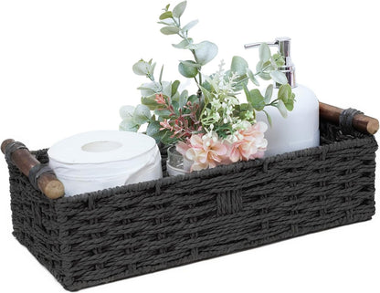 Skiennix Round Paper Rope Storage Basket - Decorative Wicker Organizer with Handle | Black Small Size