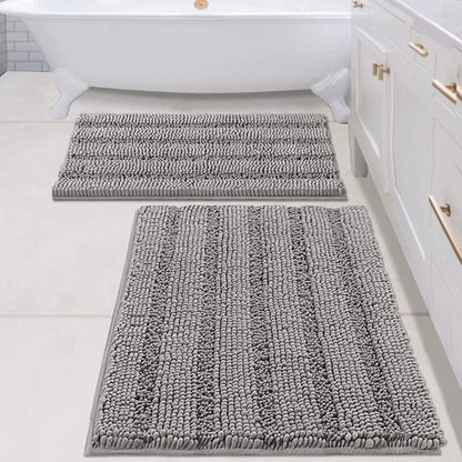 H.VERSAILTEX 2 Piece Bathroom Set - Super Absorbent Chenille Striped Bath Mats, Non Skid, Machine Washable (Dove Grey, 24 x 36 Plus 20 x 32 - Inches)