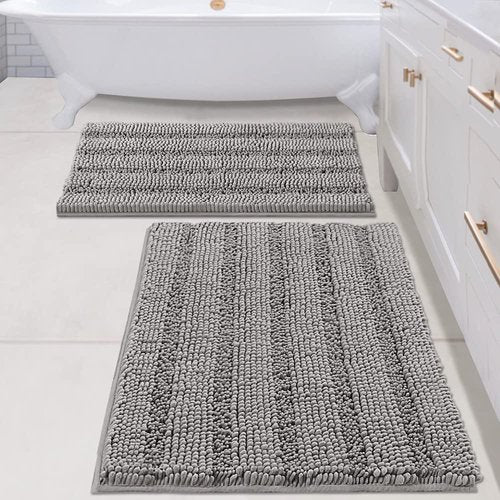 H.VERSAILTEX 2 Piece Bathroom Set - Super Absorbent Chenille Striped Bath Mats, Non Skid, Machine Washable (Dove Grey, 24 x 36 Plus 20 x 32 - Inches)