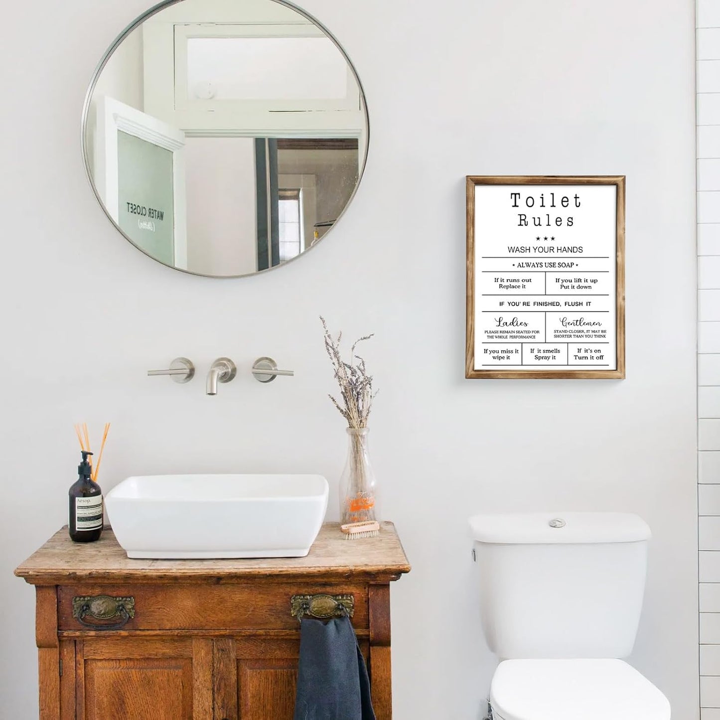 MODE HOME Farmhouse Wall Art - Funny Bathroom Rules Sign with Torched Brown Frame | 14x11 Inch Shabby Chic Decor