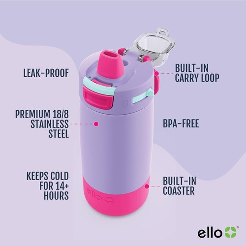 Ello Kids Colby 12oz Insulated Stainless Steel Water Bottle - Straw, Coaster & Leak-Proof Lid