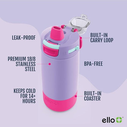 Ello Kids Colby 12oz Insulated Stainless Steel Water Bottle - Straw, Coaster & Leak-Proof Lid