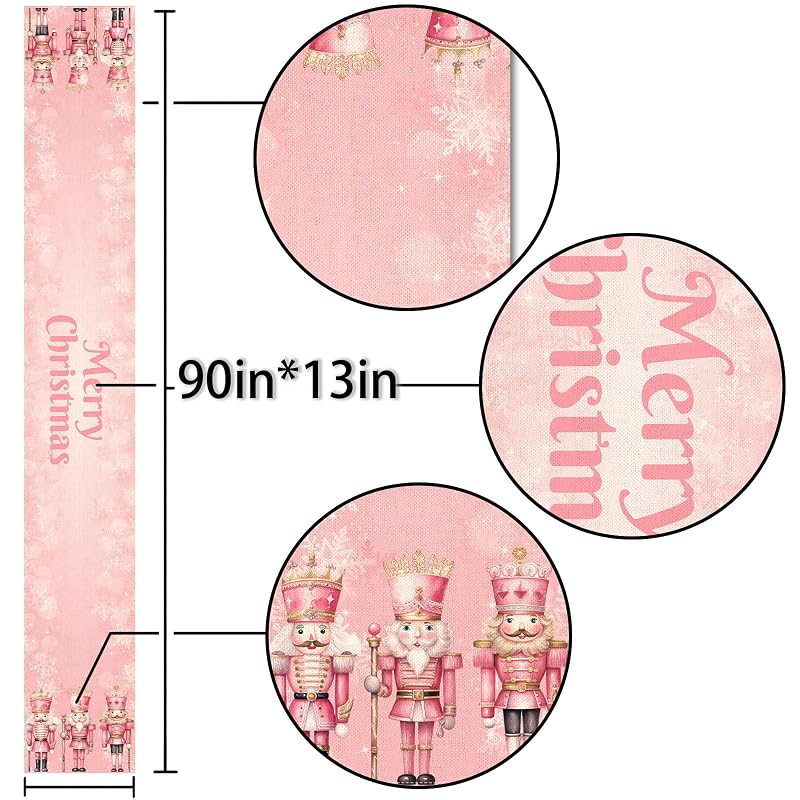 Pink Nutcrackers Table Runner 13x90in, Christmas Linen Decor