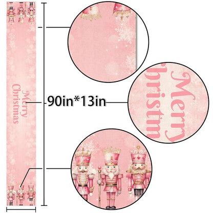 Pink Nutcrackers Table Runner 13x90in, Christmas Linen Decor