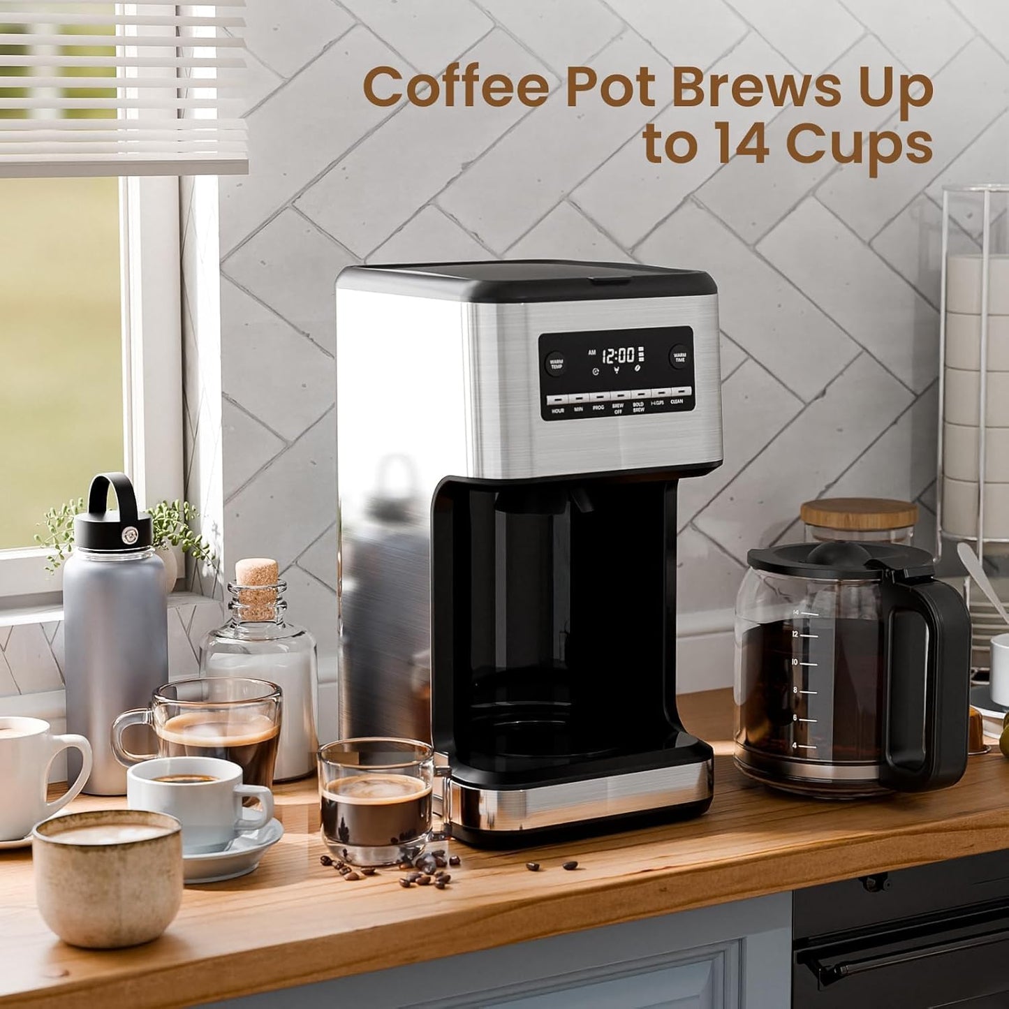 Skiennix 14-Cup Programmable Coffee Maker - Reusable Filter, Auto Pause & Self-Cleaning | Stainless Steel