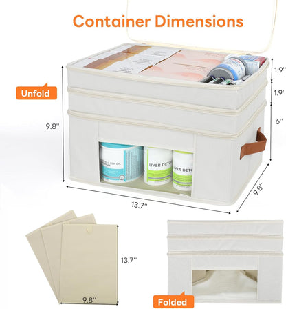 Skiennix 3-Tier Medicine Organizer - Foldable Storage Box with Clear Cover & Leather Handle | Perfect for Home & Travel