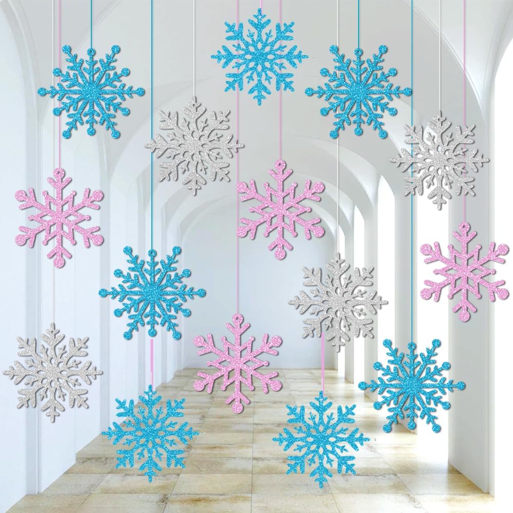 Skiennix Winter Snowflake Ornaments - Sparkly Ceiling Streamers for Holiday Decor | Glitter Pink & Blue