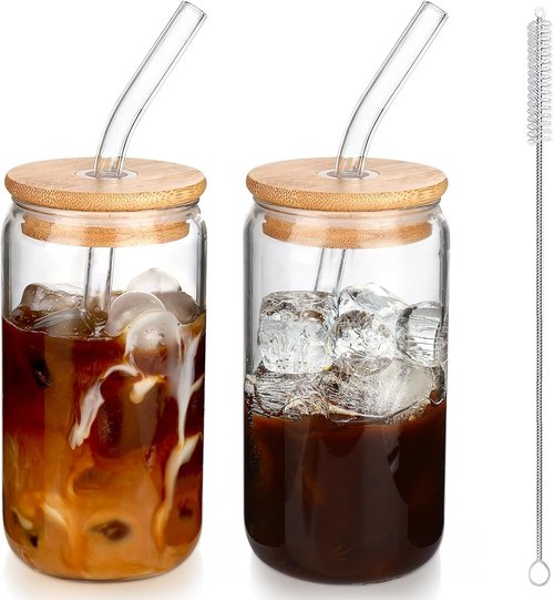 DWTS DANWEITESI Iced Coffee Cups - 16 oz Reusable Glass Tumblers with Lids & Straws | Perfect for Coffee & Juice