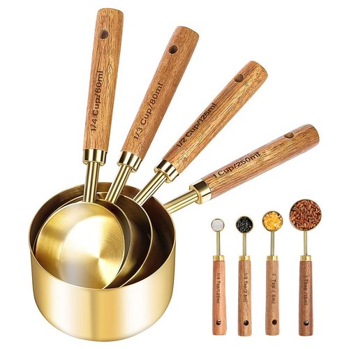 8 Pcs Golden Stainless Steel Measuring Cups and Spoons Set,Wooden Handle Baking Tools with US Measurements,Measuring Cups for Cooking, Baking, Dry & Liquid-Kitchen Baking Supplies