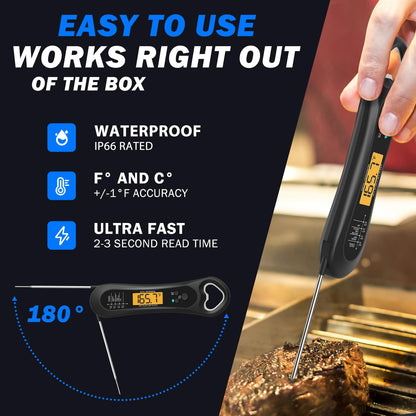 Skiennix Digital Meat Thermometer - Instant Read Kitchen Gadget with Backlight & Bottle Opener | Perfect for BBQ, Turkey, Candy, and Liquids