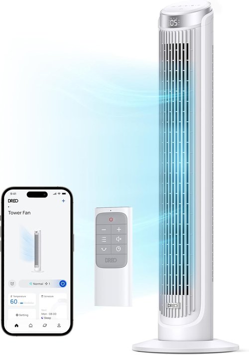 DREO Smart Tower Fan - 90° Oscillating Quiet Floor Fan with Remote & Voice Control | 12H Timer, 26ft/s Velocity