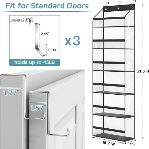 AOODA Clear Over The Door Hat Rack - Large Organizer for Up to 72 Baseball Caps | Black with 3 Hooks