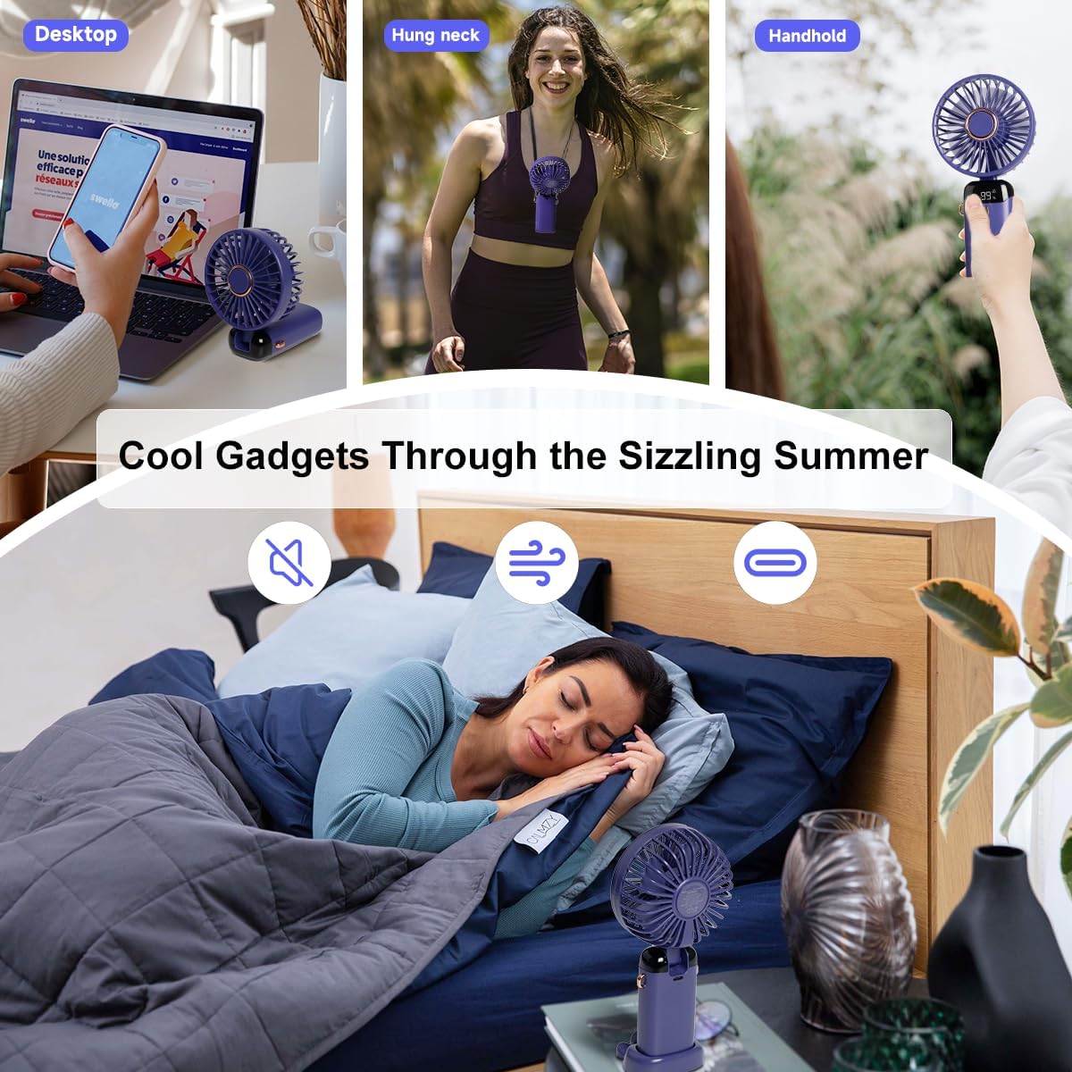 Skiennix Portable Handheld Fan - 12-Hour Battery Life, 5-Speed Wind, 90° Foldable | Purple 3-in-1 Design