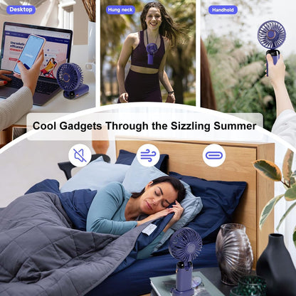 Skiennix Portable Handheld Fan - 12-Hour Battery Life, 5-Speed Wind, 90° Foldable | Purple 3-in-1 Design