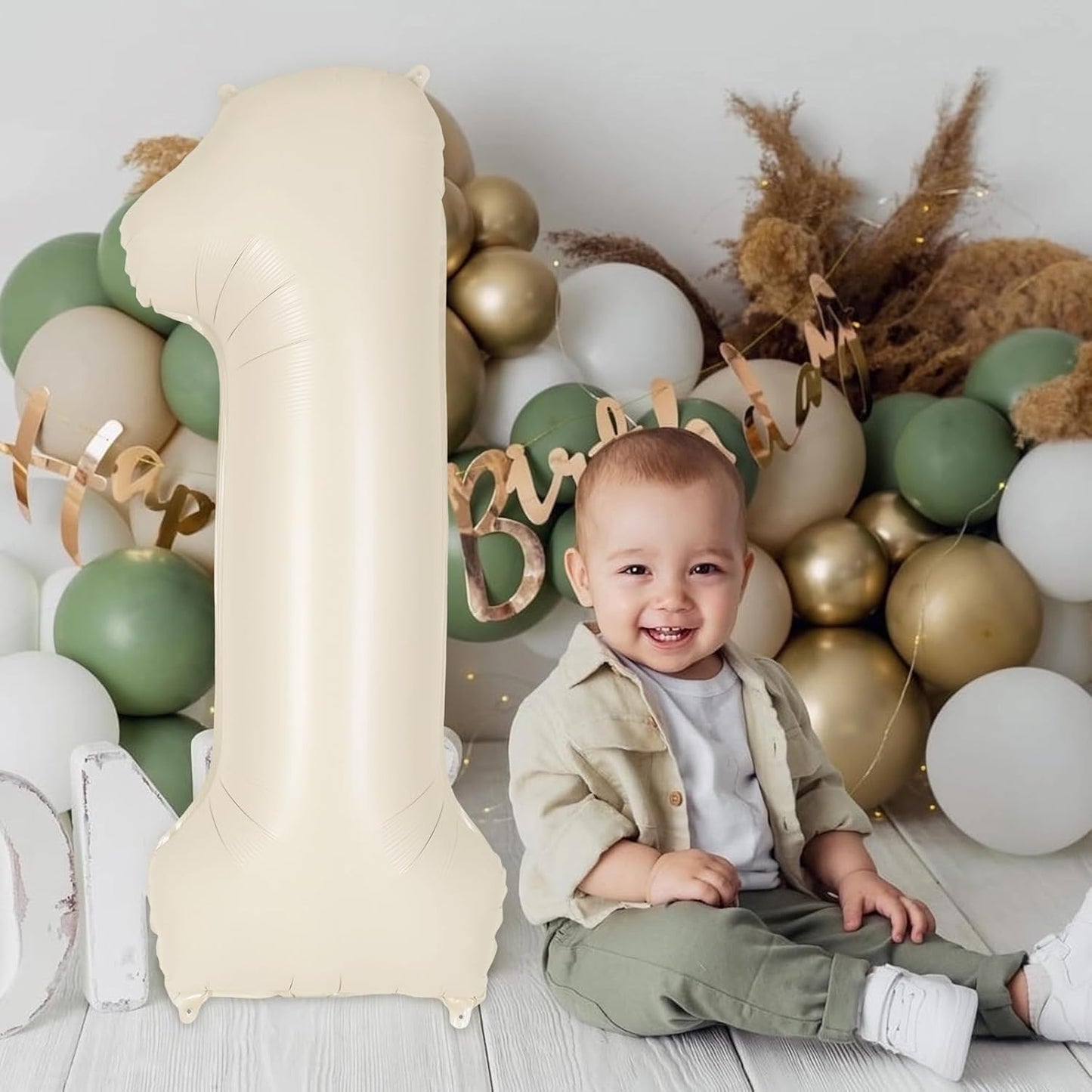 Number 1 Balloon by Cream - 40 Inch Jumbo Beige Foil Mylar Balloon for First Birthday Celebrations