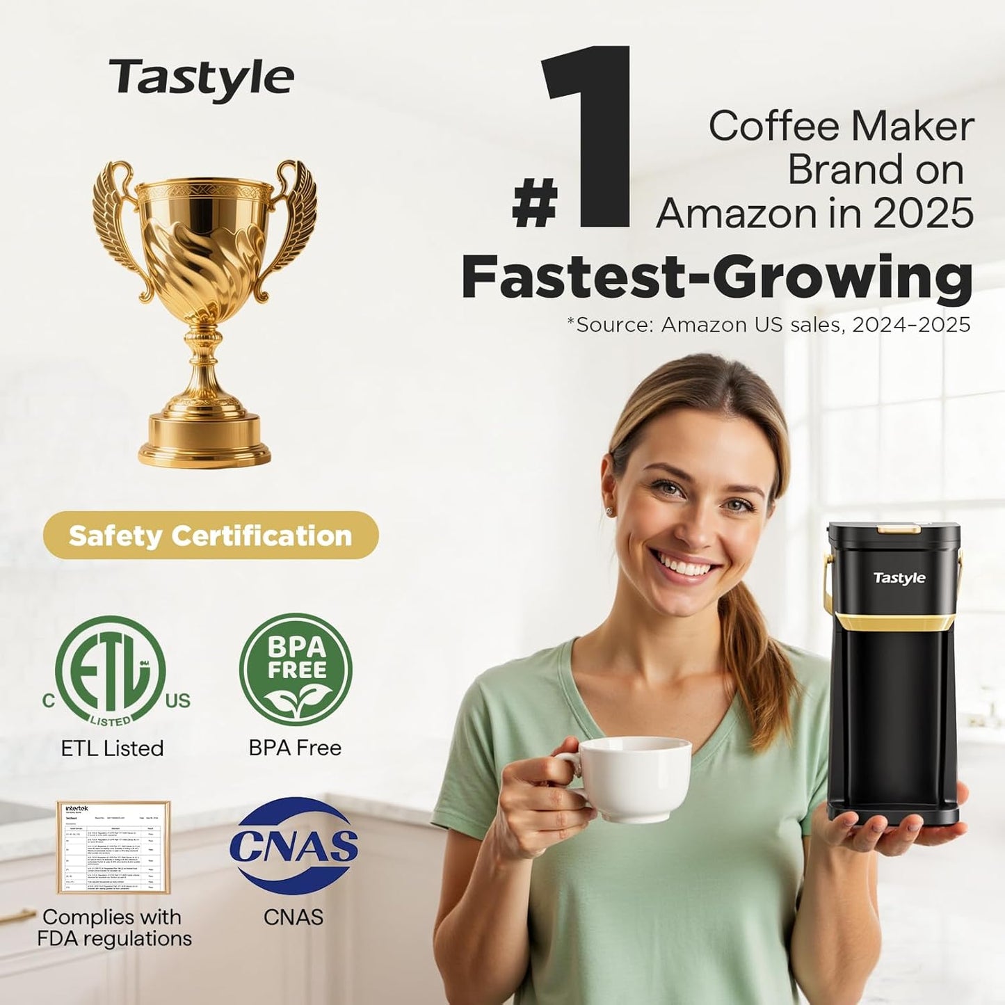 Skiennix Single Serve Coffee Maker - Portable Mini Brewer for K Cups & Grounds | 6-12 Oz, Black & Gold