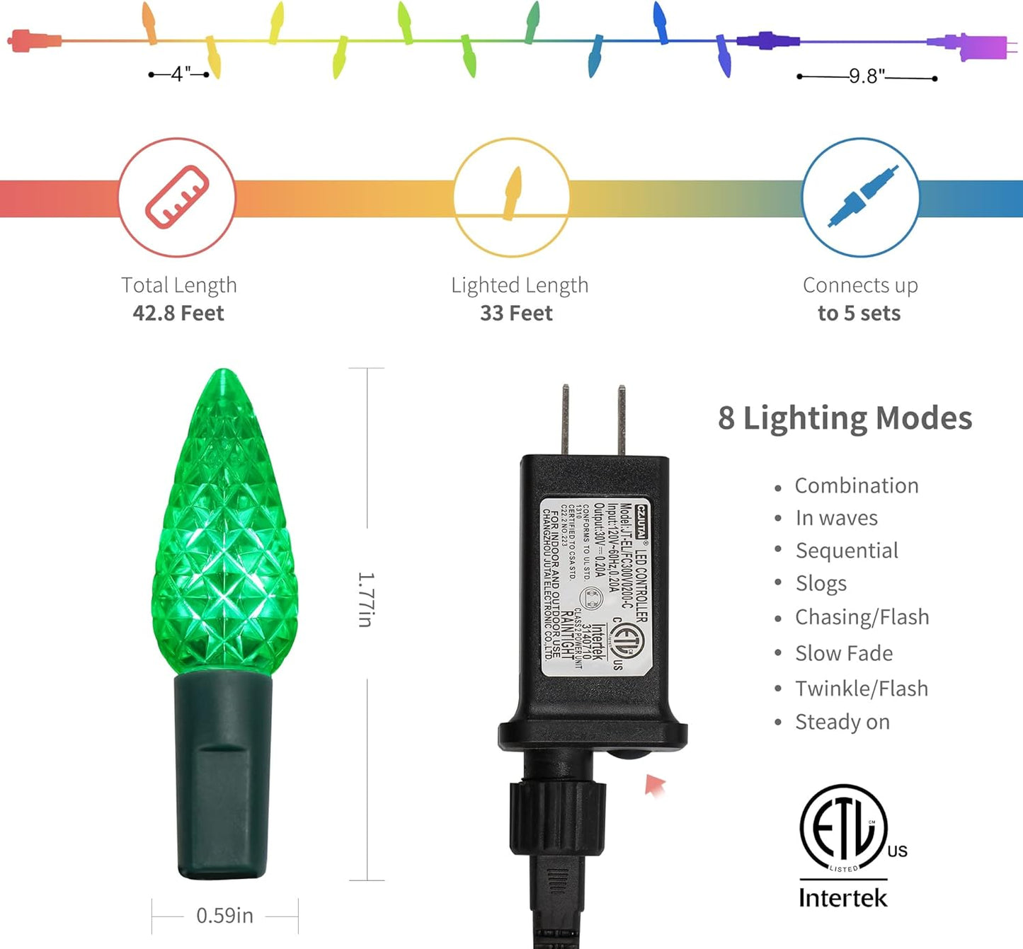 WATERGLIDE Christmas Lights - 33ft 100 LED Multicolor Faceted String Lights | Waterproof & 8 Modes