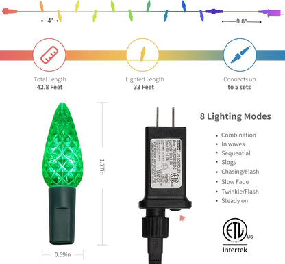 WATERGLIDE Christmas Lights - 33ft 100 LED Multicolor Faceted String Lights | Waterproof & 8 Modes
