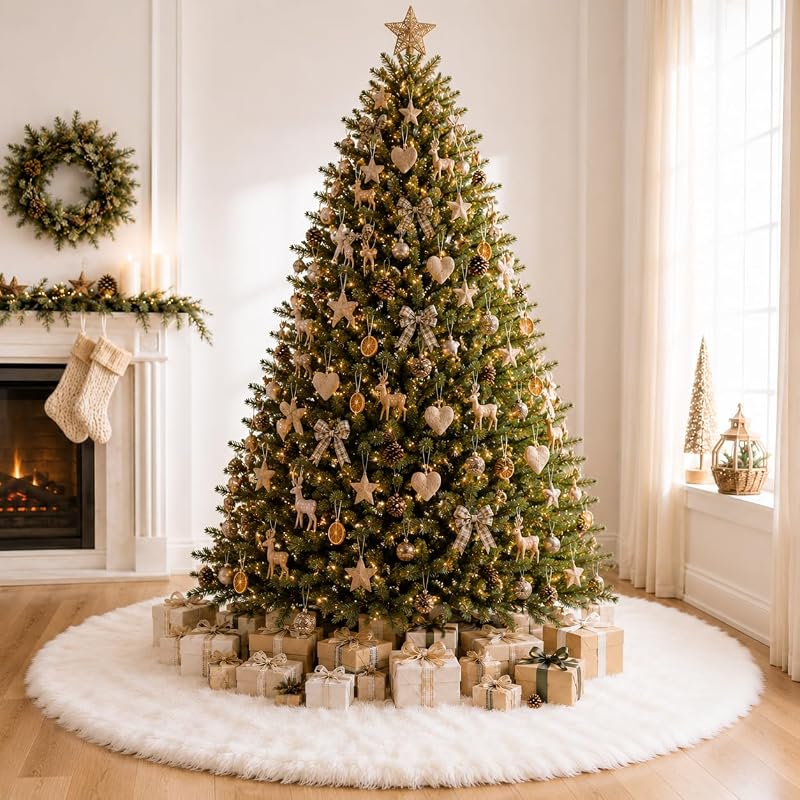 YEAHOME 72" White Faux Fur Christmas Tree Skirt – Snowy Plush Holiday Decor (Variation: White+72 inch)