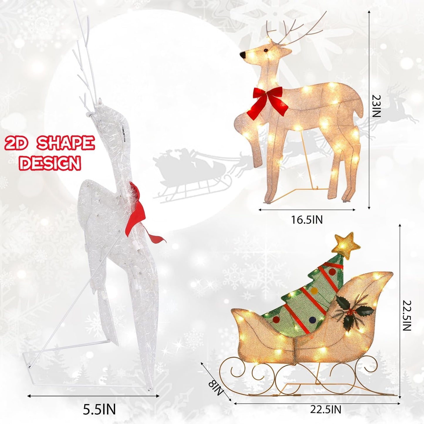 WATERGLIDE Christmas Decorations - 23 Inch Lighted Reindeer & Santa Sleigh | Pre-Lit 2D Yard Decor for Festive Outdoor Display