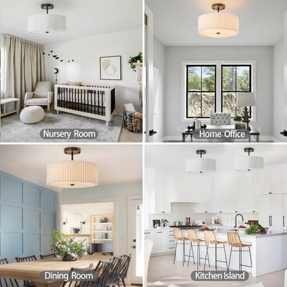 Bargeni Semi Flush Mount Ceiling Light,12.5 inch Ceiling Light Fixture,Black Flush Mount Light Fixture with Pleated Fabric Drum Shade,Light Fixtures Ceiling Mount for Bedroom,Living Room,Hallway