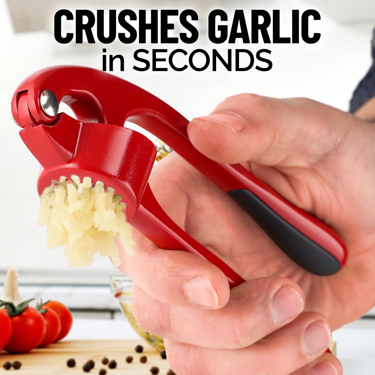 Zulay Kitchen Premium Garlic Press Set - Rust Proof & Dishwasher Safe Professional Garlic Mincer Tool - Easy-Squeeze, Easy-Clean with Soft, Ergonomic Handle - Silicone Garlic Peeler & Brush (Red)