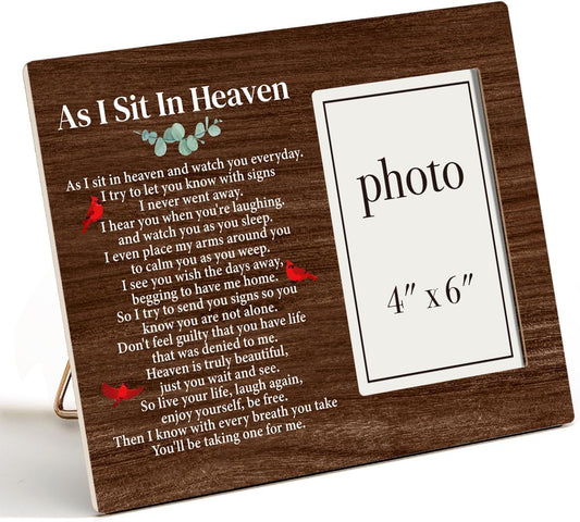 Zauly Sympathy Gift - Wood Picture Frame for Memorials | 4 x 6 Inch Photo, "As I Sit in Heaven" Design