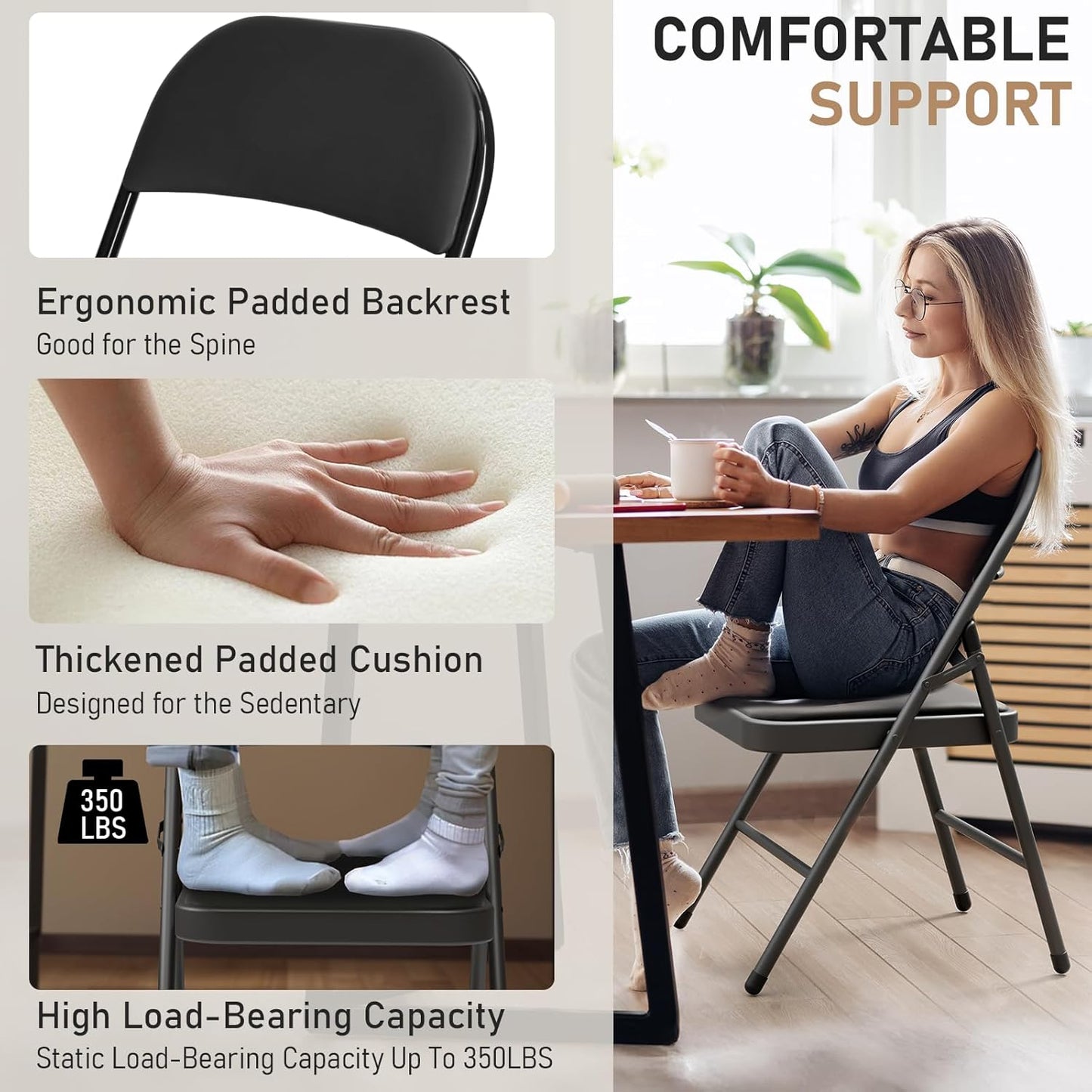 Black Folding Chairs - Heavy-Duty Steel Frame, 350LBS Capacity | 6-Pack for Indoor/Outdoor Events