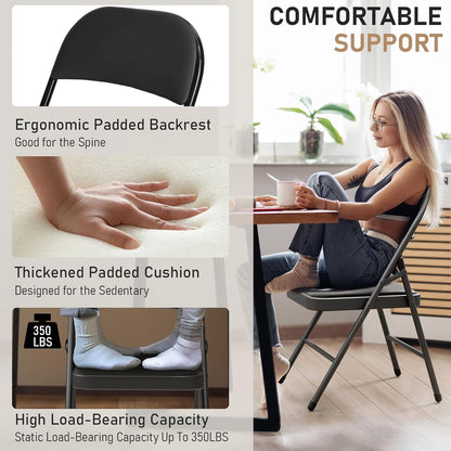 Black Folding Chairs - Heavy-Duty Steel Frame, 350LBS Capacity | 6-Pack for Indoor/Outdoor Events