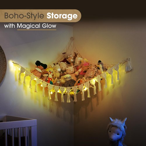Abby Baby Extra Large Stuffed Animal Hammock with LED Lights 100% Natural Cotton Macrame Toy Storage Net for Plushies & Squishmallows Boho Macrame Corner Organizer for Kids’ Room or Nursery (Beige)
