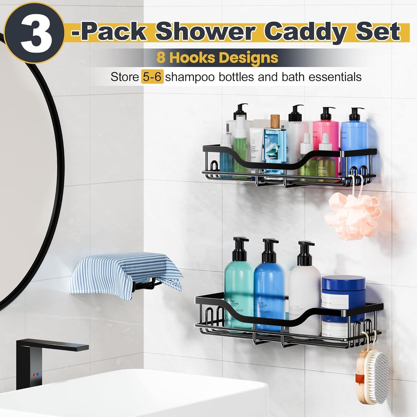 Omaira Shower Caddy - 3-Pack Rustproof Organizer with Soap Holder for Smooth Walls | Black